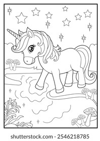 Unicornio para colorear para niños. Los libros para colorear de los niños con el carácter lindo de la historieta del unicornio, la diversión y los materiales educativos para el jardín de infancia.
