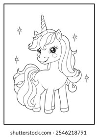 Unicorn coloring pages for kids. Children's coloring books with cute unicorn cartoon character, fun and educational materials for kindergarten.
