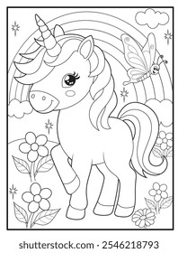 Unicorn coloring pages for kids. Children's coloring books with cute unicorn cartoon character, fun and educational materials for kindergarten.
