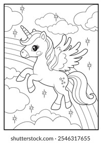 Unicorn coloring pages for kids. Children's coloring books with cute unicorn cartoon character, fun and educational materials for kindergarten.
