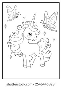 Unicorn coloring pages for kids. Children's coloring books with cute unicorn cartoon character, fun and educational materials for kindergarten.
