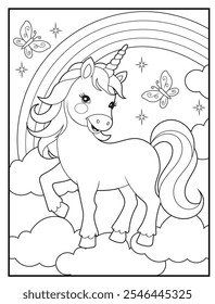 Unicorn coloring pages for kids. Children's coloring books with cute unicorn cartoon character, fun and educational materials for kindergarten.
