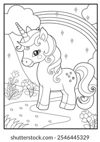 Unicorn coloring pages for kids. Children's coloring books with cute unicorn cartoon character, fun and educational materials for kindergarten.
