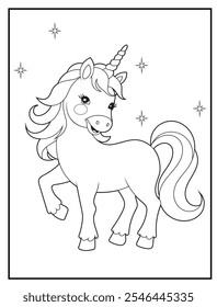 Unicorn coloring pages for kids. Children's coloring books with cute unicorn cartoon character, fun and educational materials for kindergarten.
