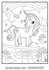 Unicorn coloring pages for kids. Children's coloring books with cute unicorn cartoon character, fun and educational materials for kindergarten.
