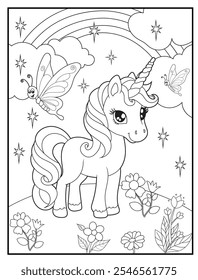 Unicorn coloring pages for kids. Children's coloring books with cute unicorn cartoon character, fun and educational materials for kindergarten.
