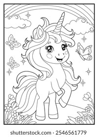 Unicorn coloring pages for kids. Children's coloring books with cute unicorn cartoon character, fun and educational materials for kindergarten.
