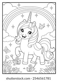 Unicorn coloring pages for kids. Children's coloring books with cute unicorn cartoon character, fun and educational materials for kindergarten.
