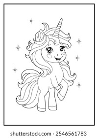 Unicorn coloring pages for kids. Children's coloring books with cute unicorn cartoon character, fun and educational materials for kindergarten.
