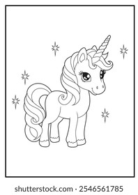 Unicorn coloring pages for kids. Children's coloring books with cute unicorn cartoon character, fun and educational materials for kindergarten.
