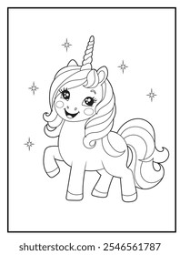 Unicorn coloring pages for kids. Children's coloring books with cute unicorn cartoon character, fun and educational materials for kindergarten.
