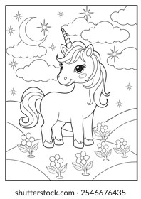 Unicorn coloring pages for kids. Children's coloring books with cute unicorn cartoon character, fun and educational materials for kindergarten.
