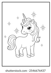 Unicorn coloring pages for kids. Children's coloring books with cute unicorn cartoon character, fun and educational materials for kindergarten.
