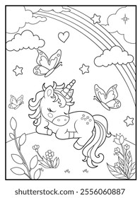 Unicorn Coloring Pages for Kids. Unicorn is in the garden. Printable Cute Unicorn Cartoon Characters for Children's Activity Books
