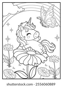 Unicorn Coloring Pages for Kids. Unicorn is in the garden. Printable Cute Unicorn Cartoon Characters for Children's Activity Books
