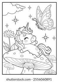 Unicorn Coloring Pages for Kids. Unicorn is in the garden. Printable Cute Unicorn Cartoon Characters for Children's Activity Books
