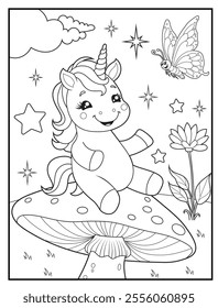 Unicorn Coloring Pages for Kids. Unicorn is in the garden. Printable Cute Unicorn Cartoon Characters for Children's Activity Books
