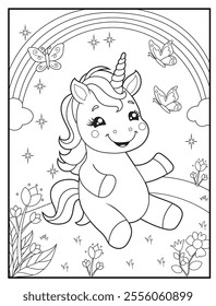 Unicorn Coloring Pages for Kids. Unicorn is in the garden. Printable Cute Unicorn Cartoon Characters for Children's Activity Books
