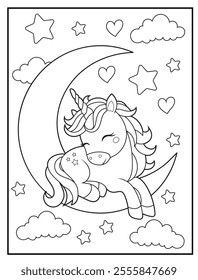 Unicorn Coloring Pages for Kids. Unicorn on a crescent moon. Printable Cute Unicorn Cartoon Characters for Children's Activity Books
