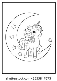 Unicorn Coloring Pages for Kids. Unicorn on a crescent moon. Printable Cute Unicorn Cartoon Characters for Children's Activity Books

