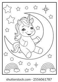 Unicorn Coloring Pages for Kids. The Unicorn is on the crescent moon. Printable Cute Unicorn Cartoon Characters for Children's Activity Books

