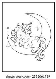 Unicorn Coloring Pages for Kids. The Unicorn is on the crescent moon. Printable Cute Unicorn Cartoon Characters for Children's Activity Books
