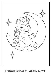Unicorn Coloring Pages for Kids. The Unicorn is on the crescent moon. Printable Cute Unicorn Cartoon Characters for Children's Activity Books
