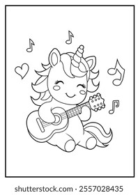 Unicorn Coloring Pages for Kids. Unicorn is playing guitar. Printable Cute Unicorn Cartoon Characters for Children's Activity Books
