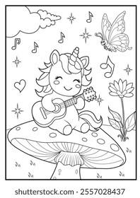 Unicorn Coloring Pages for Kids. Unicorn is playing guitar. Printable Cute Unicorn Cartoon Characters for Children's Activity Books
