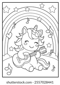 Unicorn Coloring Pages for Kids. Unicorn is playing guitar. Printable Cute Unicorn Cartoon Characters for Children's Activity Books
