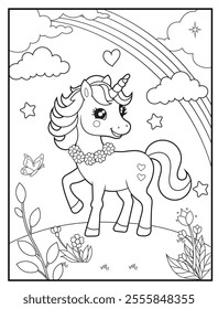 Unicorn Coloring Pages for Kids. Printable Cute Unicorn Cartoon Characters for Children's Activity Books
