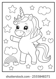 Unicorn Coloring Pages for Kids. Printable Cute Unicorn Cartoon Characters for Children's Activity Books
