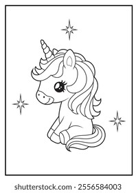 Unicorn Coloring Pages for Kids. Printable Cute Unicorn Cartoon Characters for Children's Activity Books
