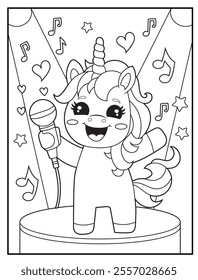 Unicorn Coloring Pages for Kids. The unicorn is singing. Printable Cute Unicorn Cartoon Characters for Children's Activity Books
