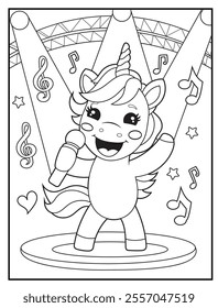 Unicorn Coloring Pages for Kids. The unicorn is singing. Printable Cute Unicorn Cartoon Characters for Children's Activity Books
