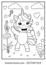 Unicorn Coloring Pages for Kids. The unicorn is singing. Printable Cute Unicorn Cartoon Characters for Children's Activity Books
