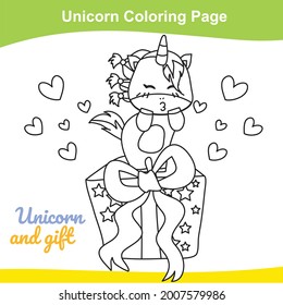 Unicorn coloring worksheet page. Coloring unicorn balloon worksheet page.  Educational printable coloring worksheet. Additional worksheet for kids. Vector illustration in cartoon style.