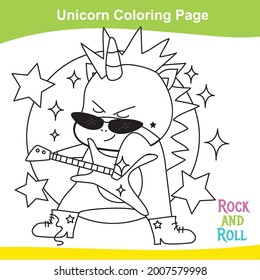 Unicorn coloring worksheet page. Coloring guitarist unicorn worksheet page. Educational printable coloring worksheet. Additional worksheet for kids. Vector illustration in cartoon style.