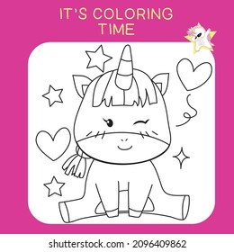 Unicorn coloring worksheet page. Coloring worksheet for preschool. Isolated outline for coloring book. Black and white image for coloring. Vector illustration.
