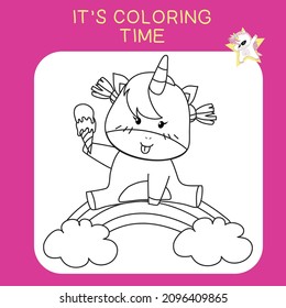 Unicorn coloring worksheet page. Coloring worksheet for preschool. Isolated outline for coloring book. Black and white image for coloring. Vector illustration.