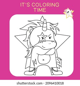 Unicorn coloring worksheet page. Coloring worksheet for preschool. Isolated outline for coloring book. Black and white image for coloring. Vector illustration.