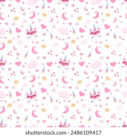 Unicorn colourful background seamless pattern. Cute Cartoon Unicorns Seamless Pattern. Unicorn Animal And Rainbow. Kids Birthday And Baby Shower Love Vector