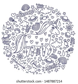 Unicorn colouring book. Child illustration of unicorn. Line vector illustration on white background.