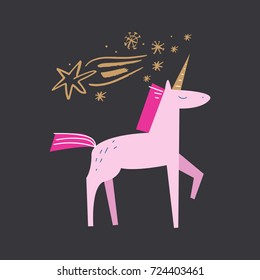 Unicorn and comet, vector illustration. Poster, postcard, print, sticker, label and other.