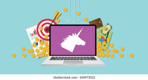 Unicorn Company Startup With Laptop And Money 