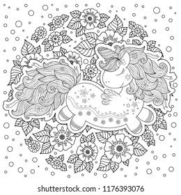 Unicorn. The composition consists of a unicorn surrounded by a bouquet of roses. Outline hand drawing coloring page for adult coloring book. 