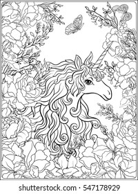 Unicorn. The composition consists of a unicorn surrounded by a bouquet of roses. Outline hand drawing coloring page for adult coloring book.
 Stock vector.