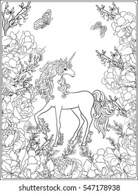 Unicorn. The composition consists of a unicorn surrounded by a bouquet of roses. Outline hand drawing coloring page for adult coloring book.
 Stock vector.