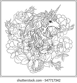 Unicorn. The composition consists of a unicorn surrounded by a bouquet of roses. Outline hand drawing coloring page for adult coloring book.
 Stock vector.