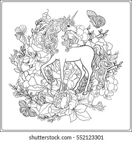 Unicorn. The composition consists of a unicorn surrounded by a bouquet of roses. Outline hand drawing coloring page for adult coloring book.
 Stock vector.